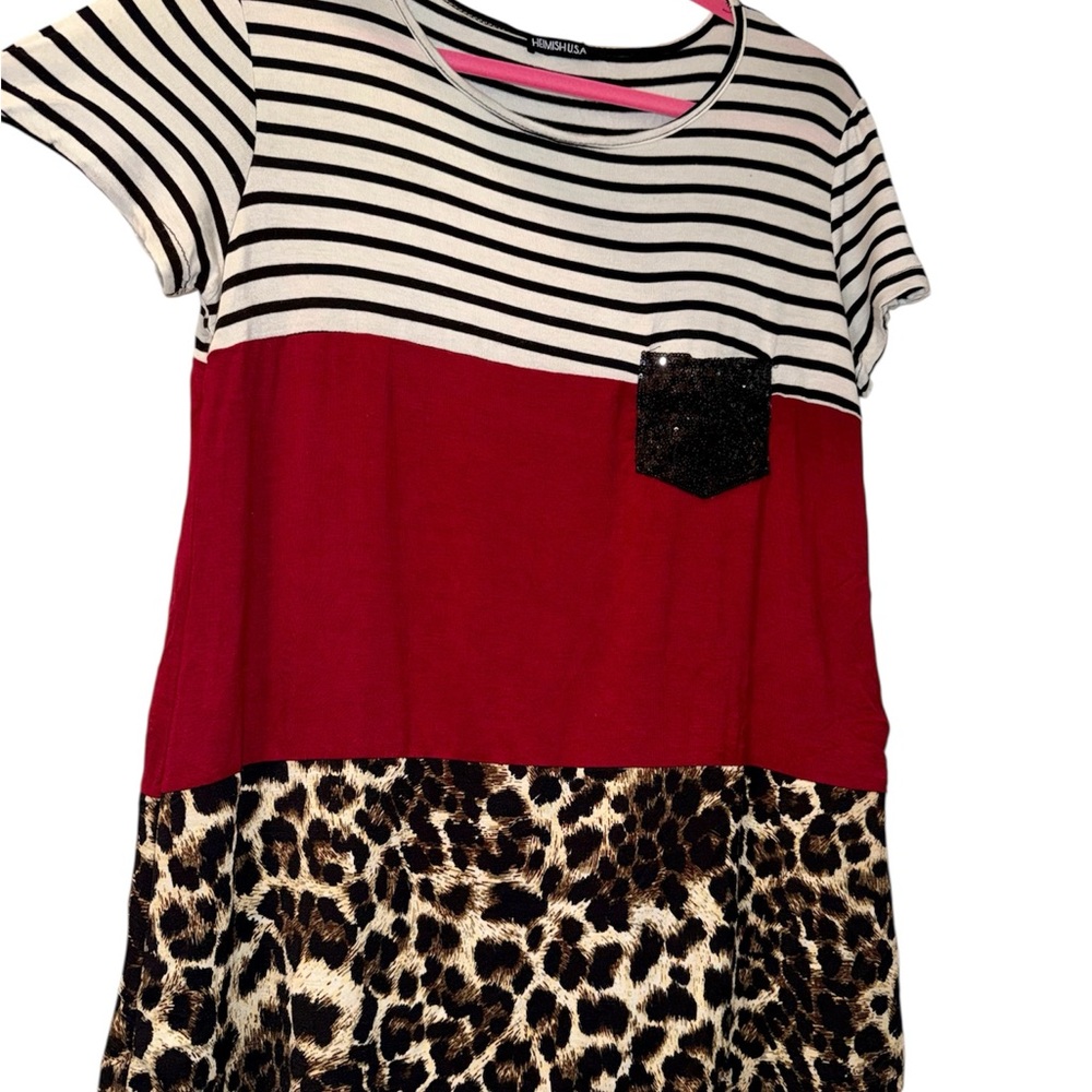 HEIMISH Striped B&W, Solid Red, Leopard with Sequin Pocket Top, SMALL, worn once